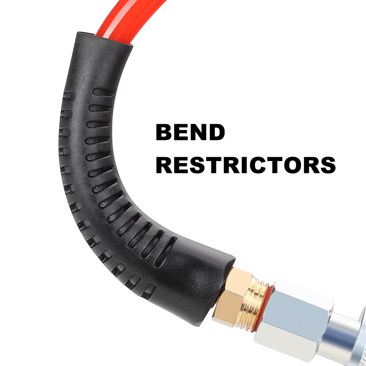 Hromee bend restrictors reducing kinks and extending hose life.