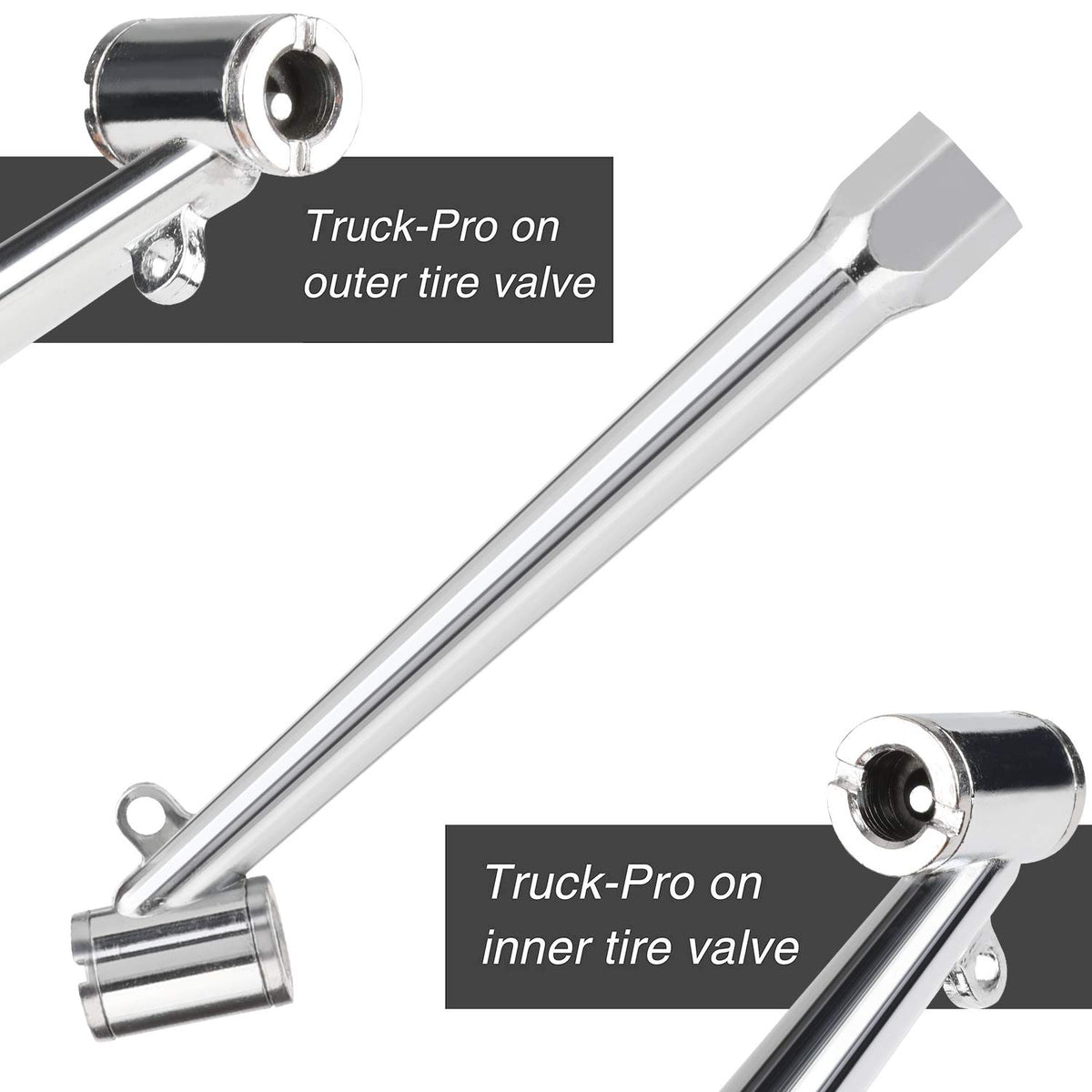 Hromee dual-foot tire chuck and pencil gauge enabling accurate tire inflation.