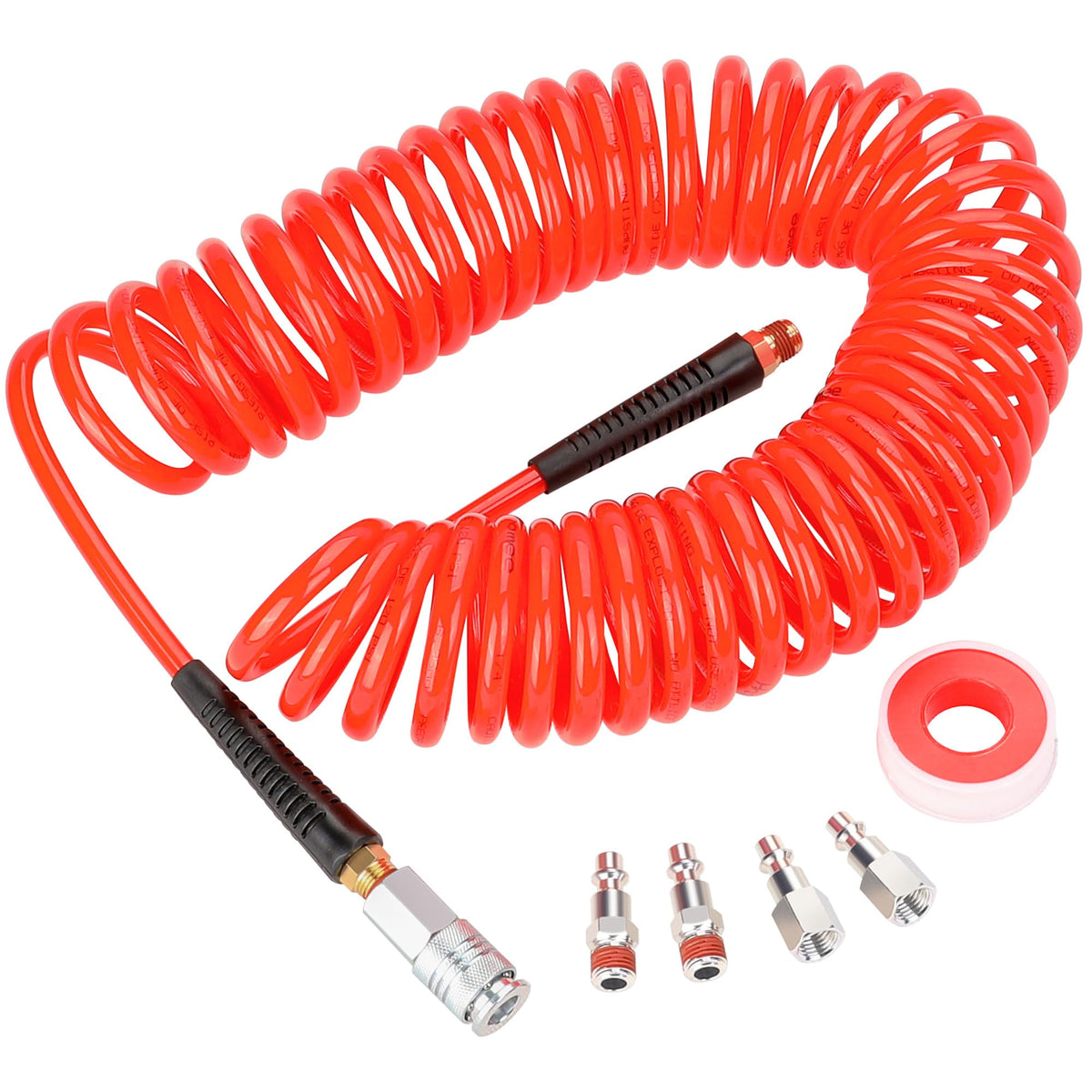 Hromee recoil hose 30ft red in action showing quick uncoil for tool setup.