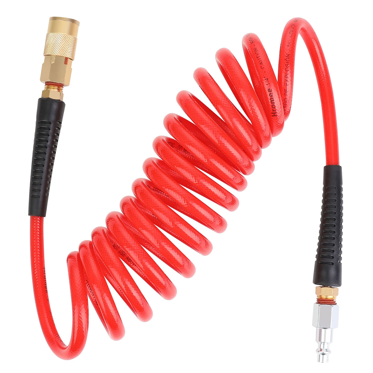 Hromee red recoil air hose ready for quick storage and tool connections.