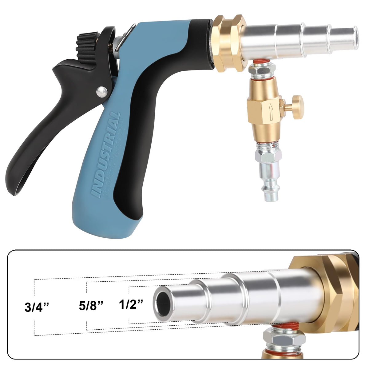 Hromee stepped-tip hose attachment shown for quick, tool-free hose fit.