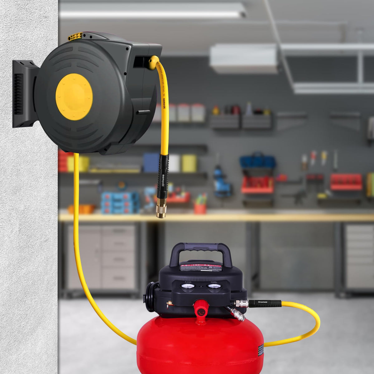 Hromee yellow lead-in hose in use with air reel
