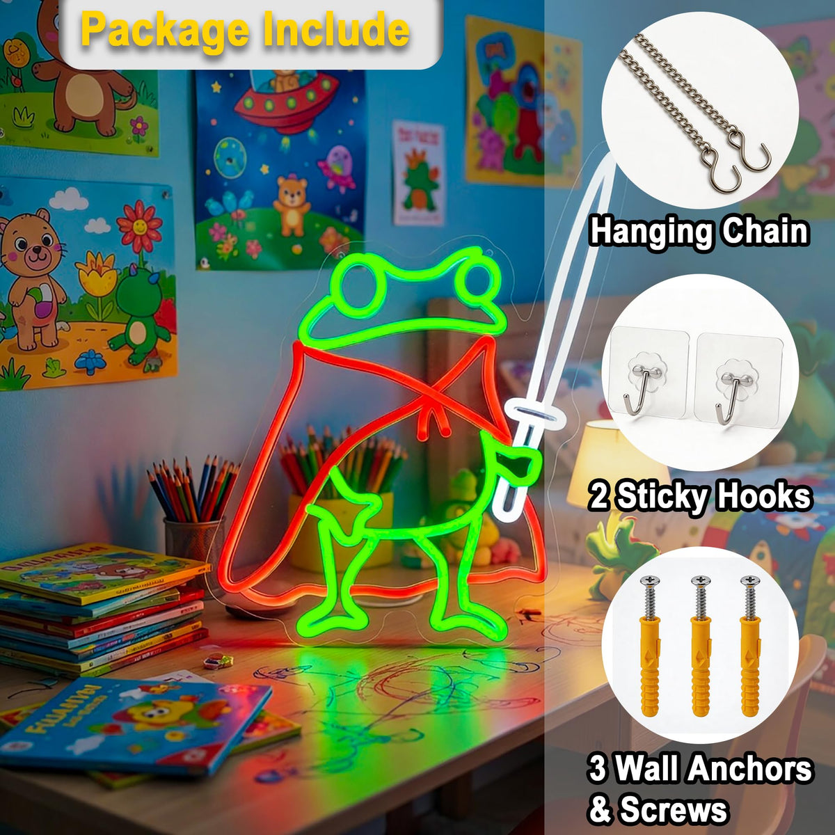 HSJNJKFU frog neon sign includes adhesive hooks for damage-free installation