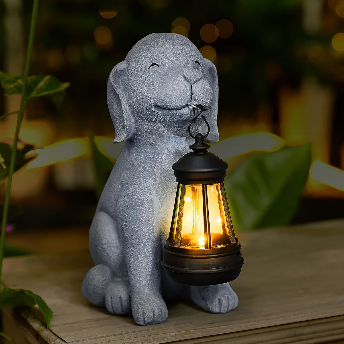 HSLILIMING solar dog garden statue with lantern lighting up a patio at dusk