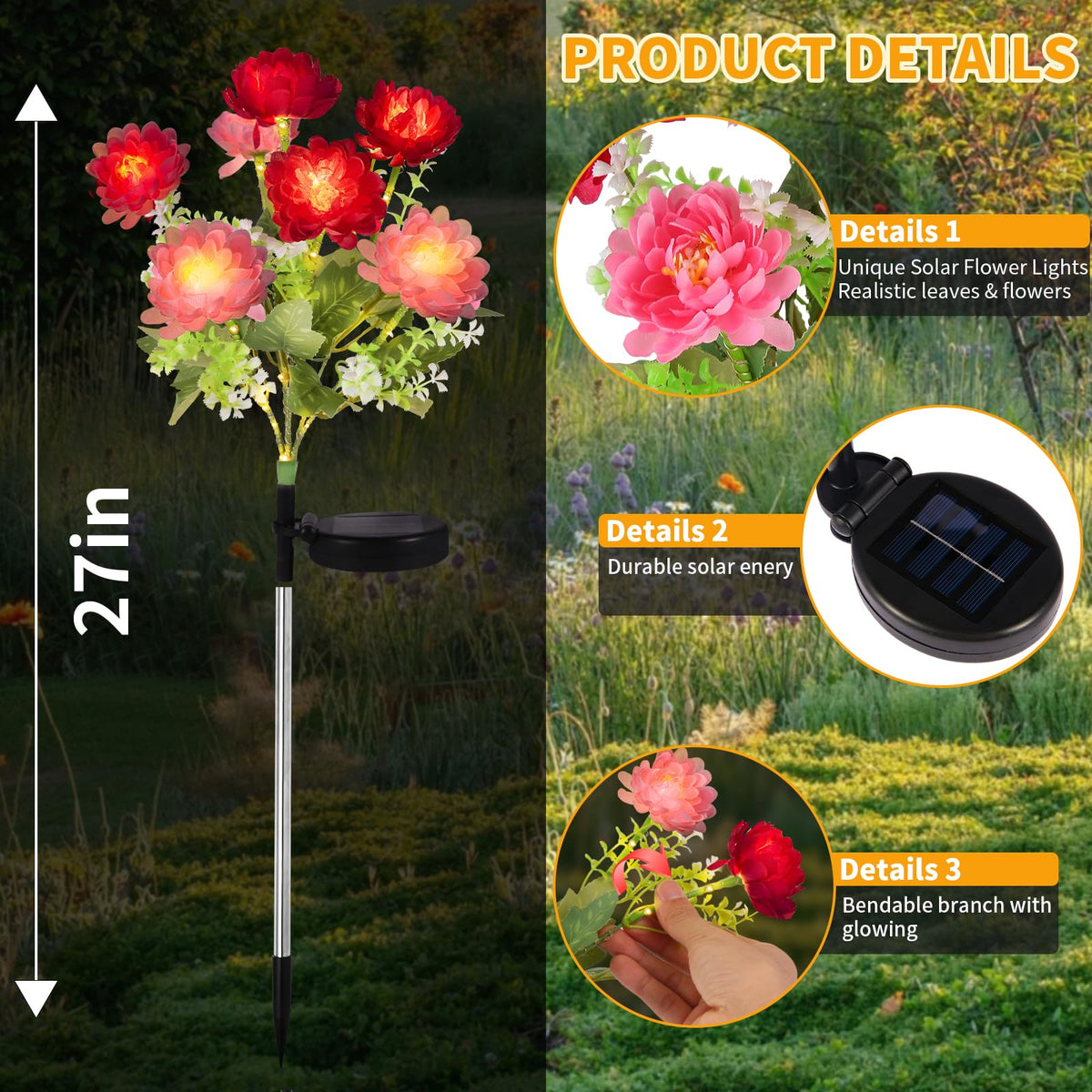 HSXLXSC 28-led solar flowers illuminate walkways with a warm path glow.