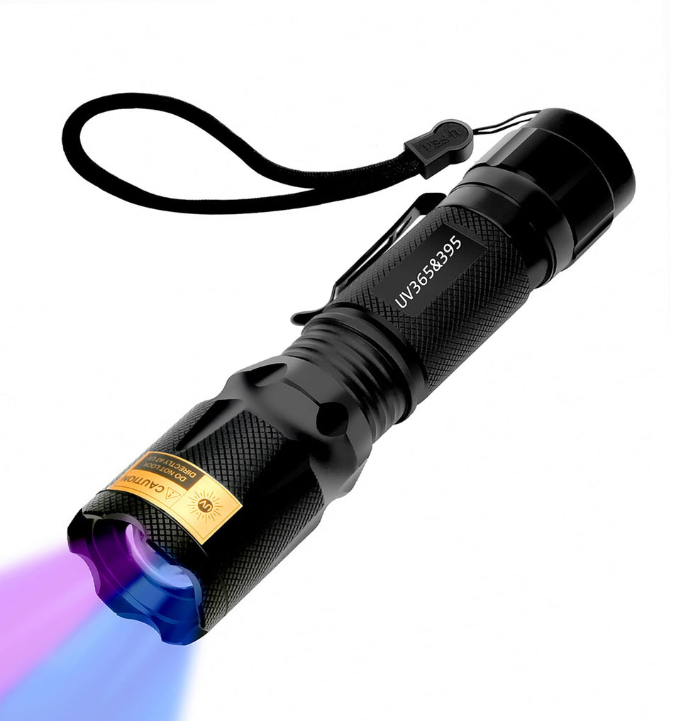 HSXMN UV Flashlight 365nm beam focusing on pet urine stains for cleaner homes