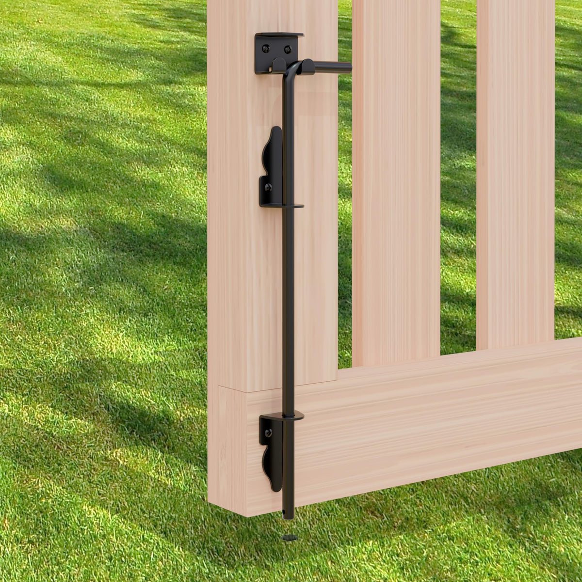 HTHOOOOOME 18-inch cane bolt installed on a gate for secure drop rod operation.
