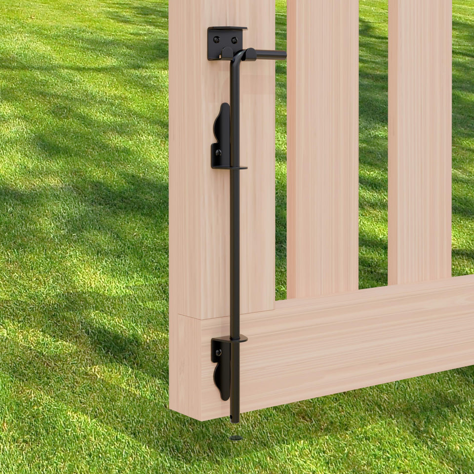HTHOOOOOME 18-inch cane bolt installed on a gate for secure drop rod operation.