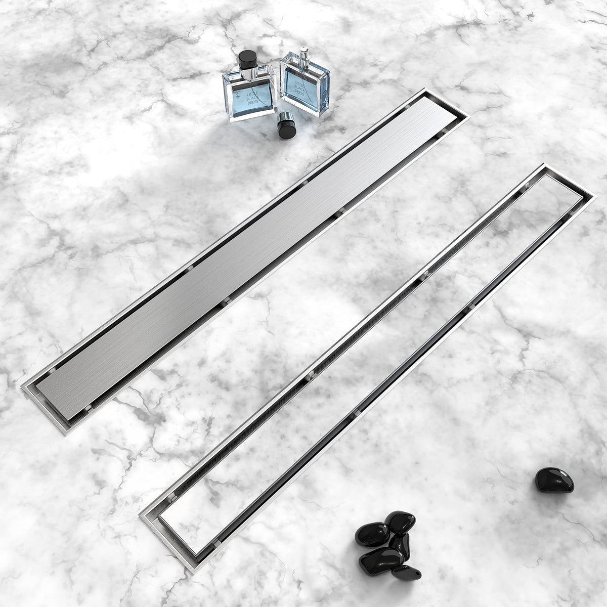 HTOH Shower Drain 24-inch brushed nickel cap showcases durable, rust-resistant construction for modern bathrooms.