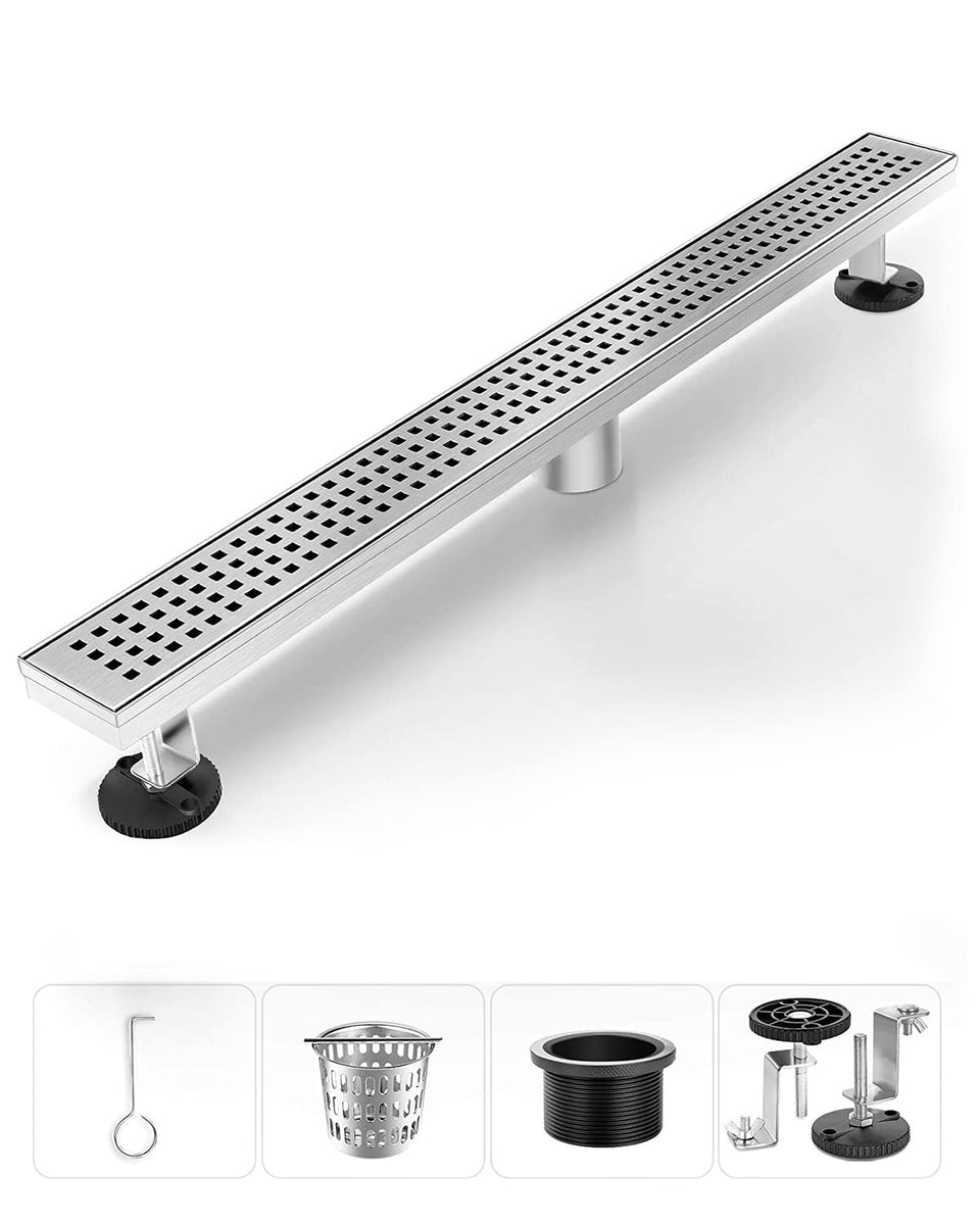 HTOH 24inch drain front view in brushed nickel, showcasing durable construction.