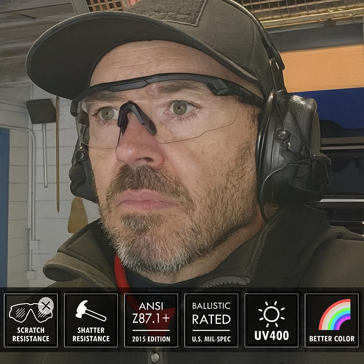 HTS HUNTERSKY S57 lens detail shows anti-fog clarity for airsoft.