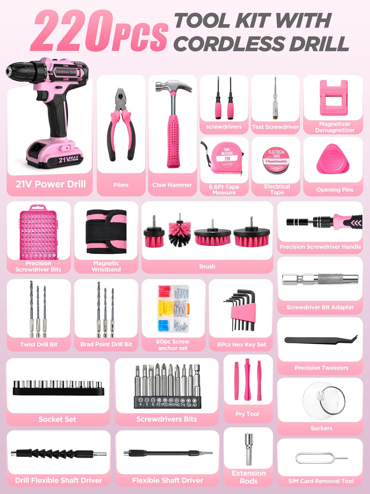 HUAKAYO 220 pcs pink tool kit organized in a portable bag