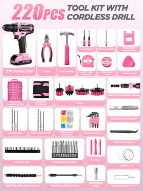 HUAKAYO 220 pcs pink tool kit organized in a portable bag