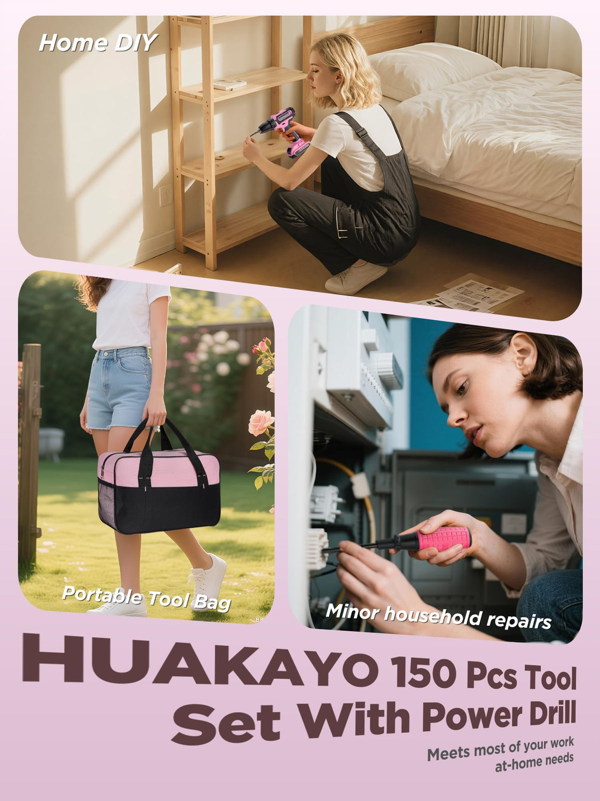 HUAKAYO pink drill in action for home improvements.