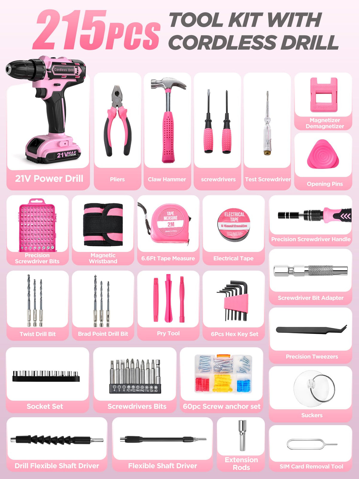 HUAKAYO pink drill set includes 215 pcs for complete DIY tasks.