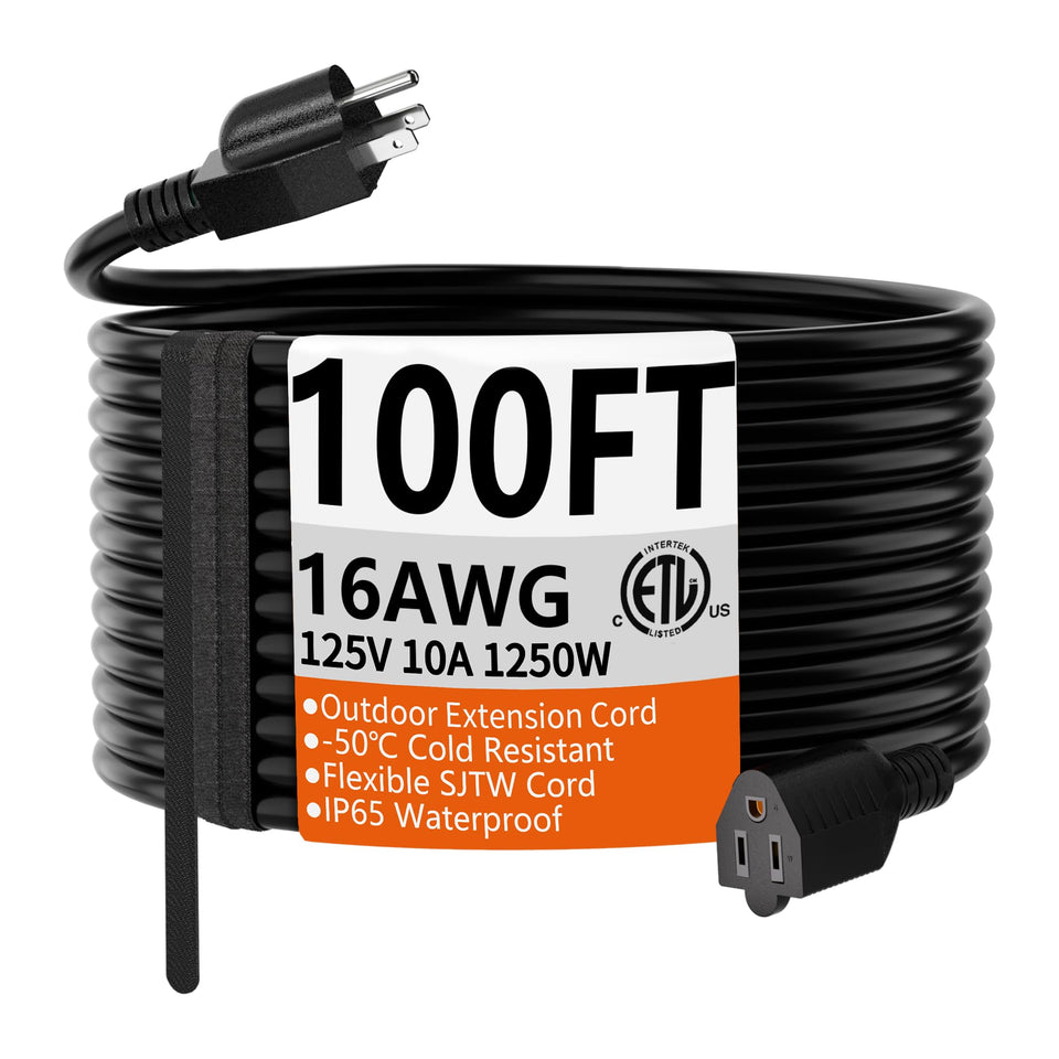 Huanchain 100 ft extension cord for outdoor use with heavy-duty capability.