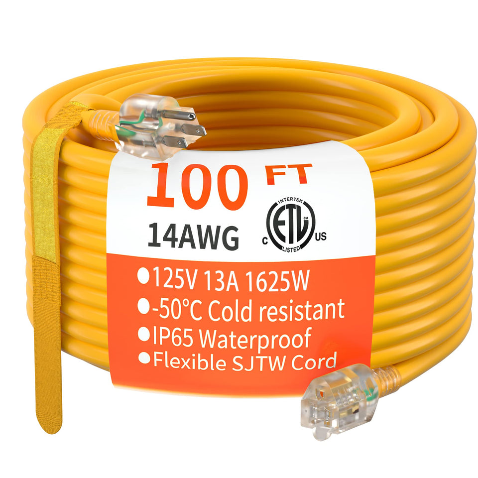 HUANCHAIN 100 ft extension cord in bright yellow for outdoor visibility and safety.