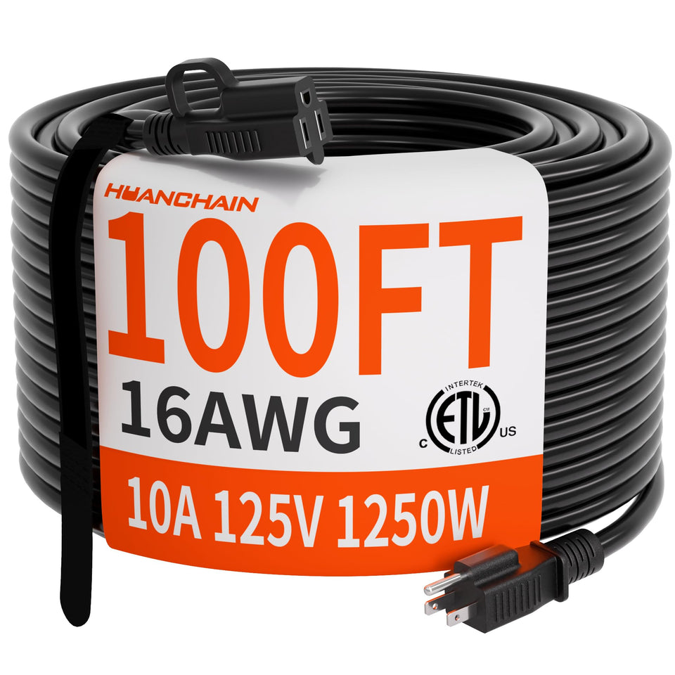 Huanchain 100ft outdoor extension cord ready for weatherproof outdoor use.