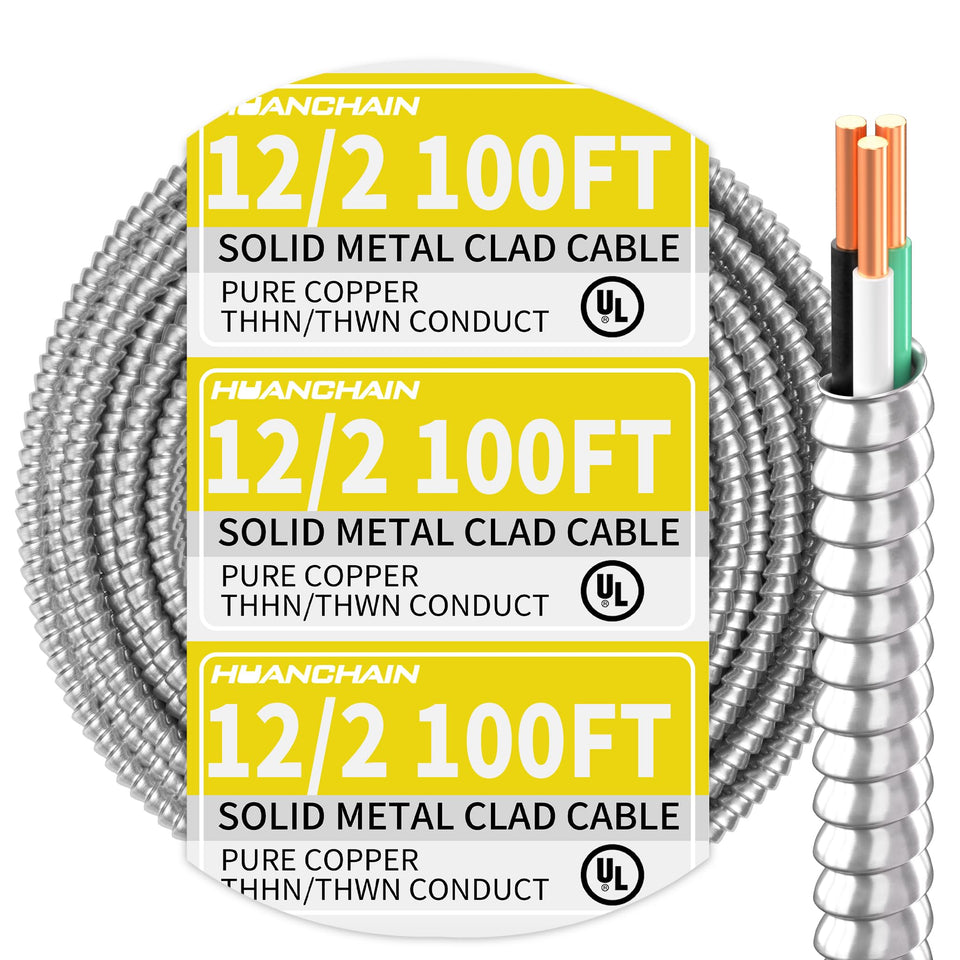 Huanchain 12-2 MC cable 100ft coil for versatile indoor and outdoor wiring applications.