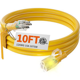 Huanchain 12/3 gauge extension cord with lighted end for clear power status outdoors.