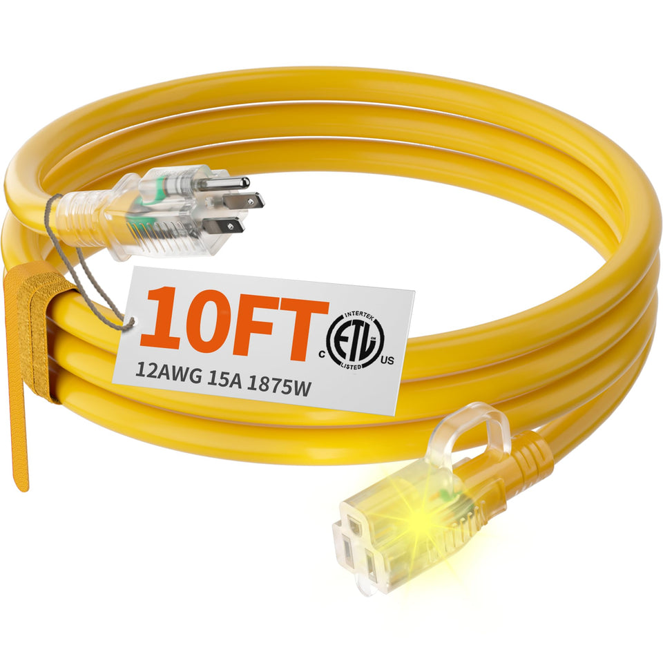 Huanchain 12/3 gauge extension cord with lighted end for clear power status outdoors.