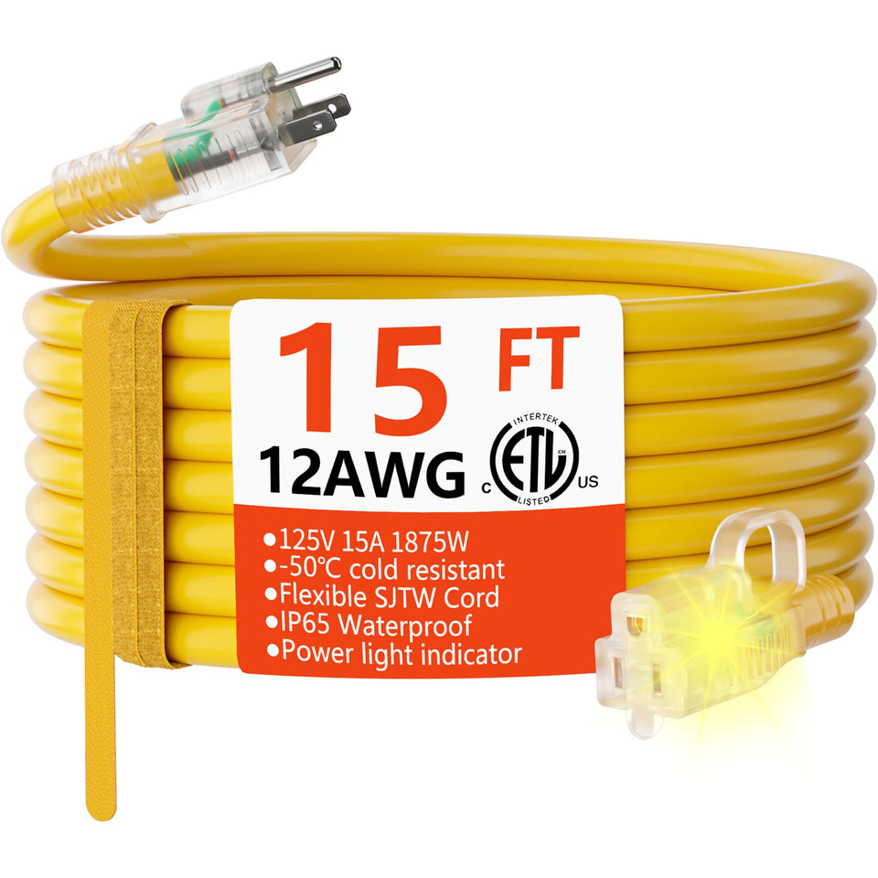HUANCHAIN 12/3 gauge outdoor extension cord 15 ft in yellow promotes high visibility for outdoor use.