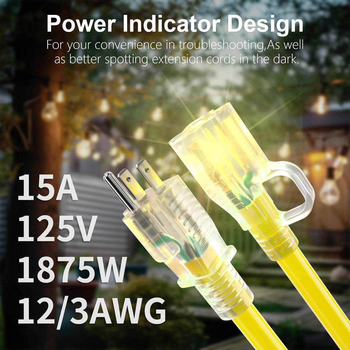 Huanchain 12 AWG 15A yellow outdoor extension cord for weatherproof use.