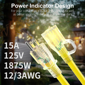 Huanchain 12 AWG 15A yellow outdoor extension cord for weatherproof use.