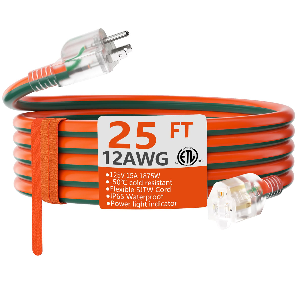 HUANCHAIN 12GA 25ft extension cord with lighted end for safe outdoor use.