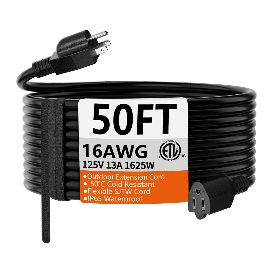 HUANCHAIN 50ft black extension cord coiled for outdoor use and flexible reach.