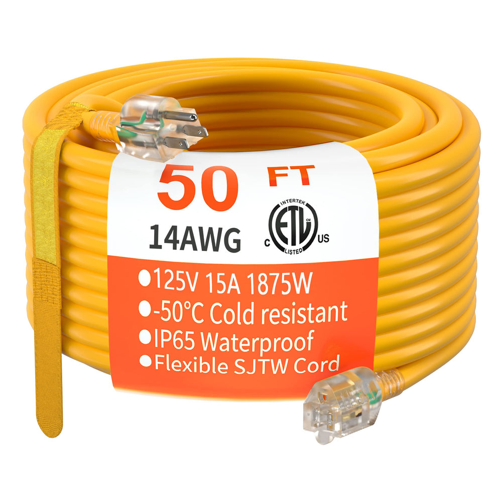 HUANCHAIN 50 ft yellow outdoor extension cord, high visibility for outdoor use.