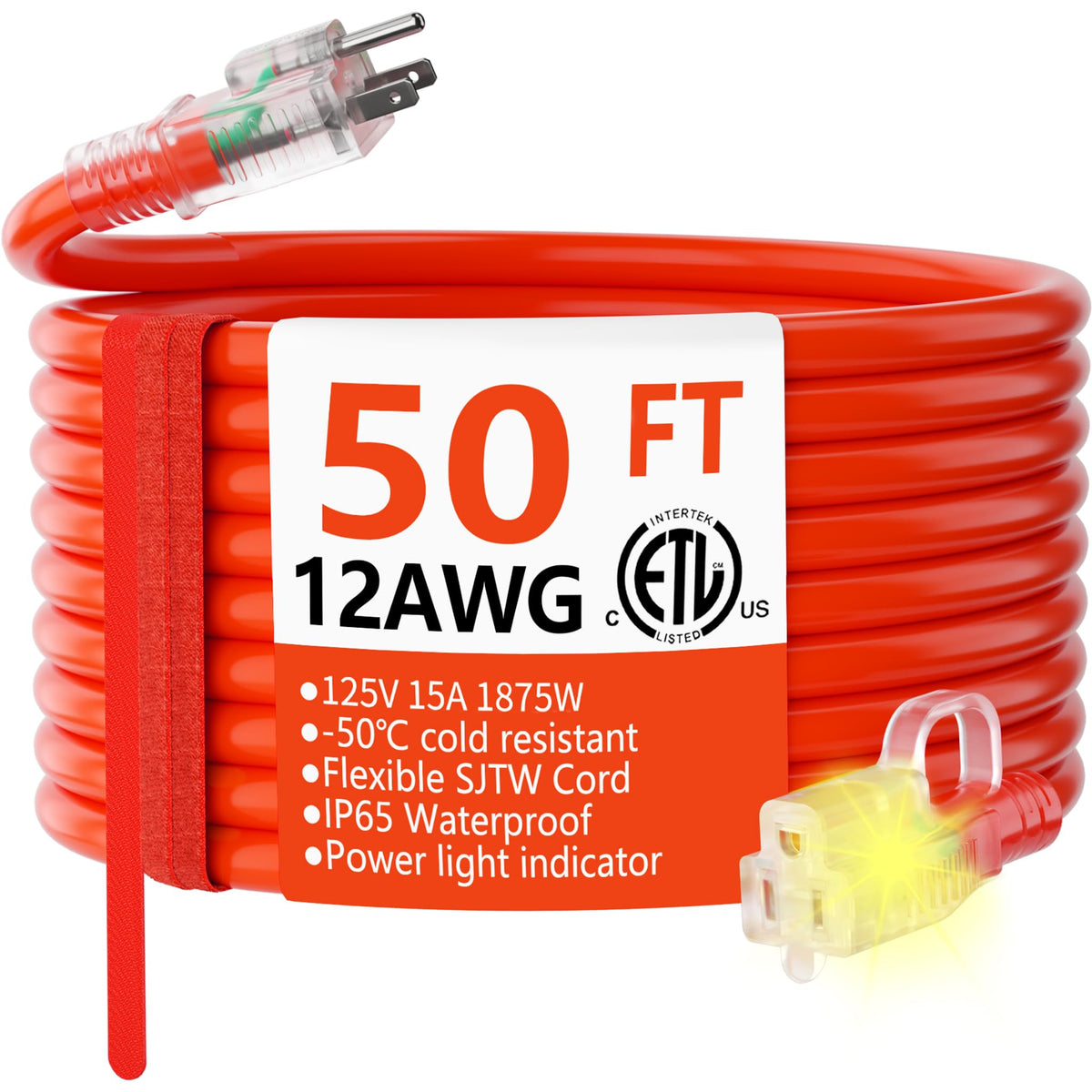 HUANCHAIN 50ft lighted-end outdoor extension cord for safer outdoor power hookups.