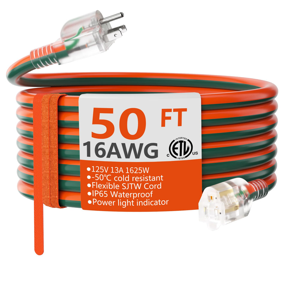 HUANCHAIN 50 ft extension cord with lighted end for quick power verification.