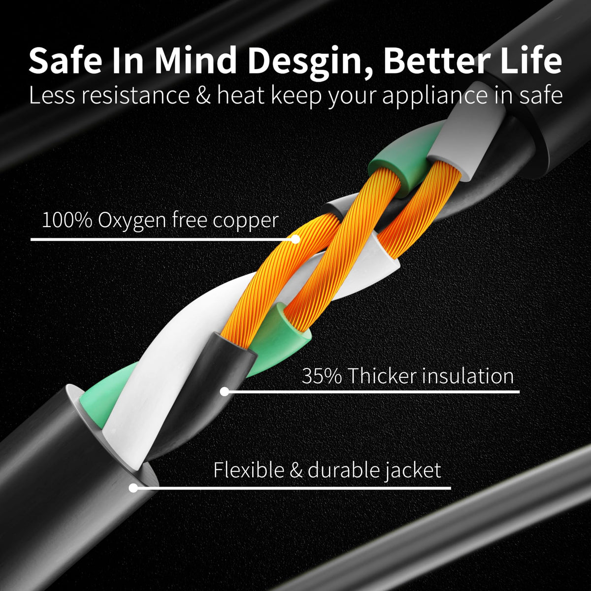 Huanchain three-prong grounded cord with durable strain relief for long life