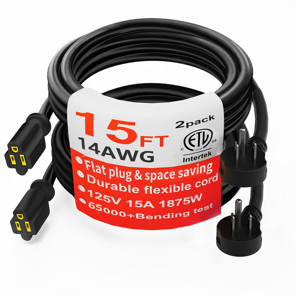 HUANCHAIN flat-plug extension cord 15ft two-pack for space saving and reliability
