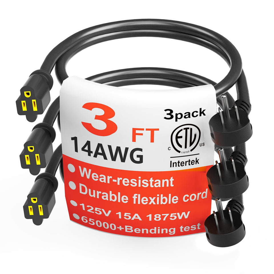 HUANCHAIN flat-plug extension cord 3ft in black for tight spaces and wall outlets indoors.