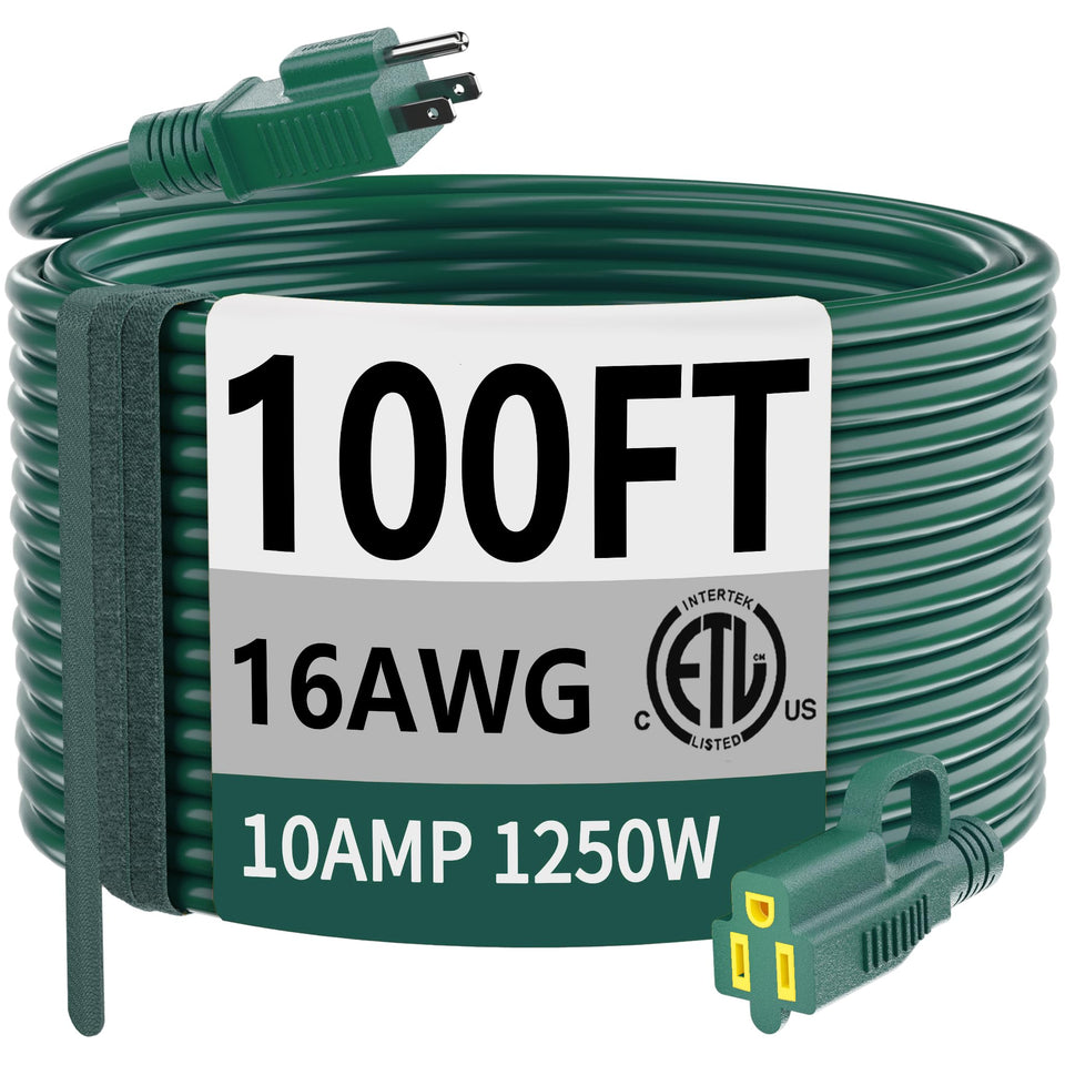 HUANCHAIN green extension cord 100ft for outdoor use with weatherproof safety.