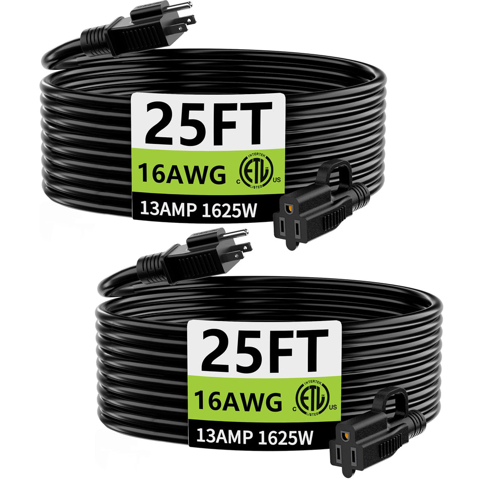 Huanchain indoor-outdoor extension cord 25ft, dual-pack, safe for indoor and outdoor use.
