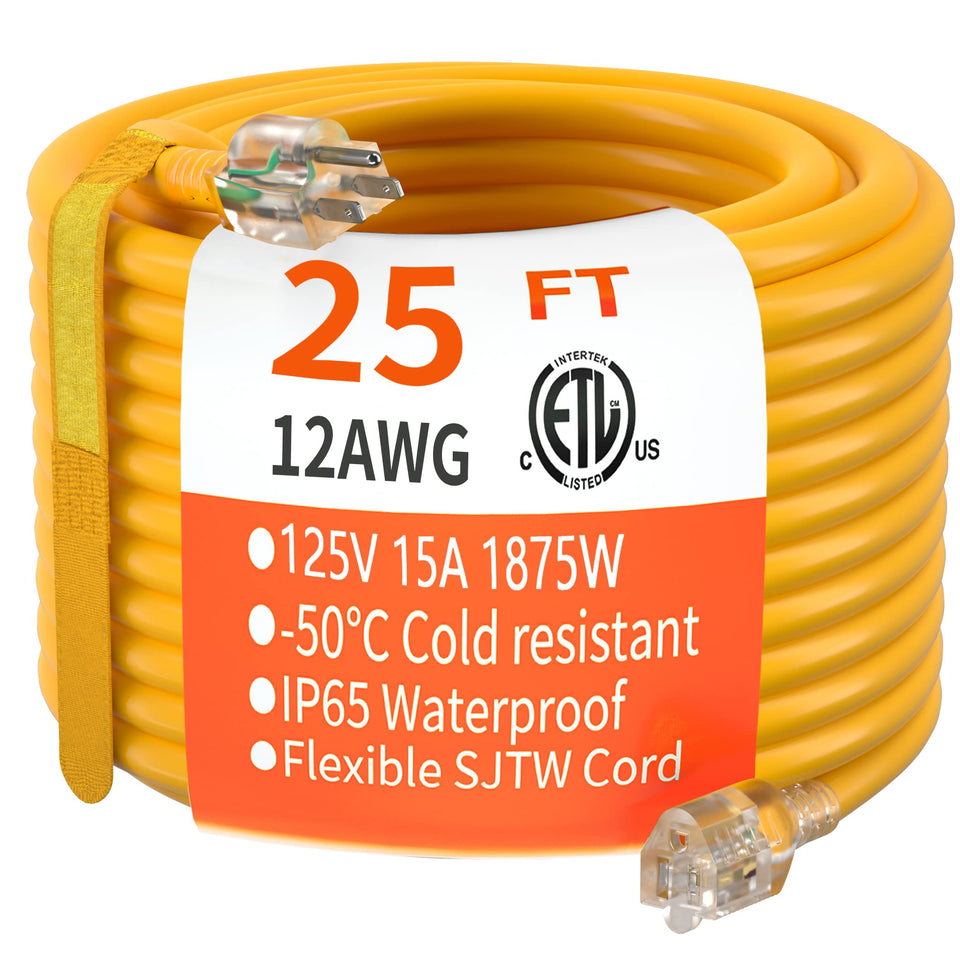 Huanchain outdoor extension cord 25ft in yellow, ideal for heavy-duty outdoor power needs