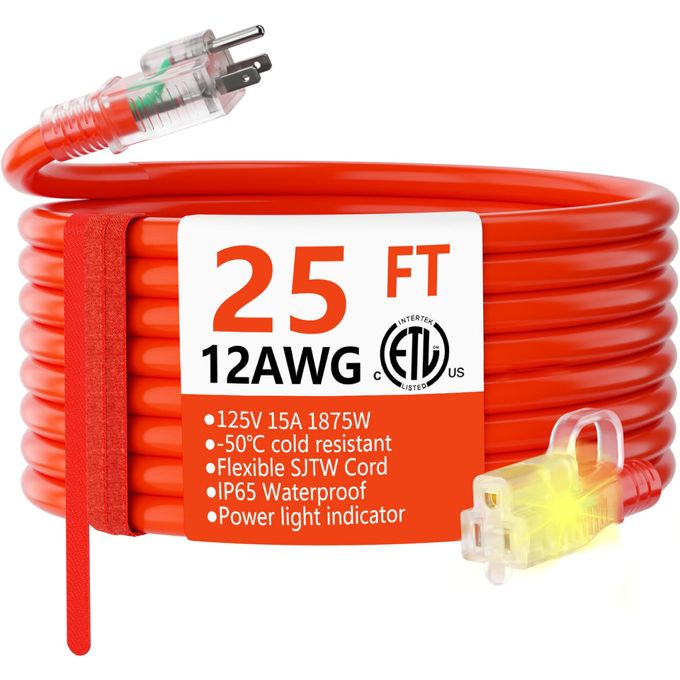 Huanchain outdoor extension cord 25 ft with lighted end for safer nighttime work.