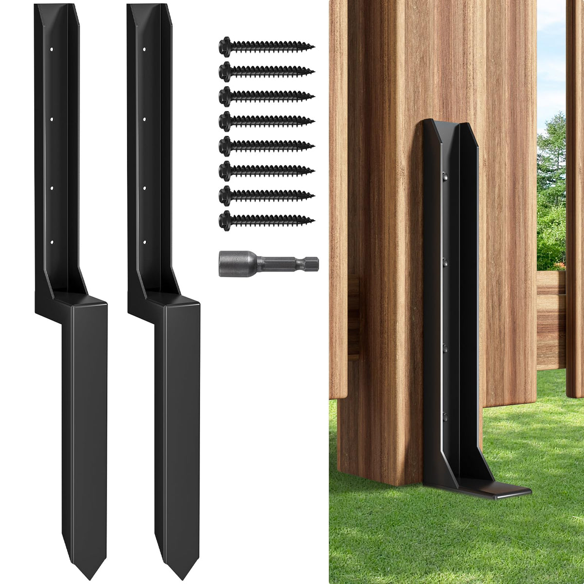 HuaSheWJ fence post repair kit stabilizes leaning wooden fence posts with a heavy-duty steel anchor.