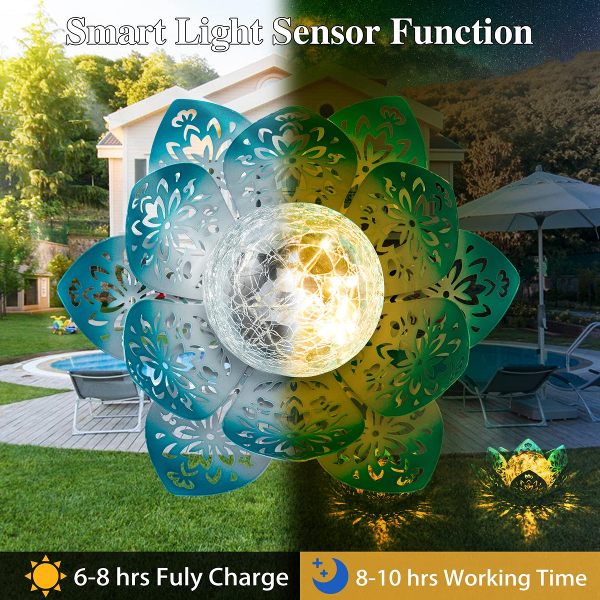 Waterproof metal construction stands up to rain for year-round outdoor use.