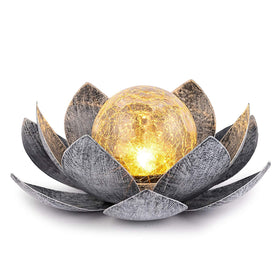 Huaxu crackle globe glass lotus light glowing softly in a garden path