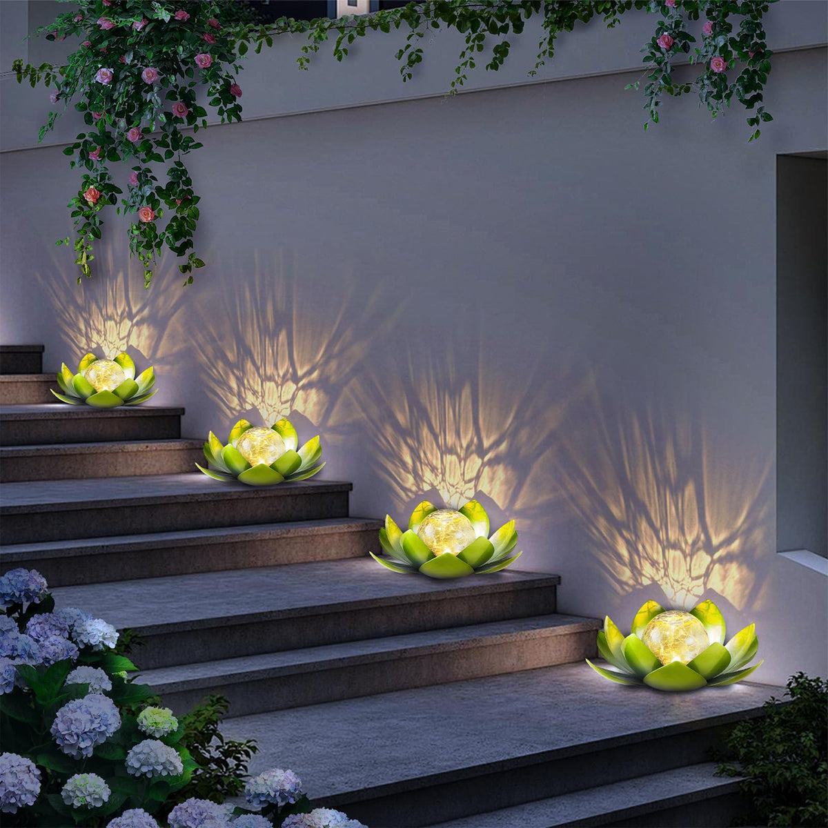 Huaxu patio walkway lotus ornament brightens steps and seating areas.