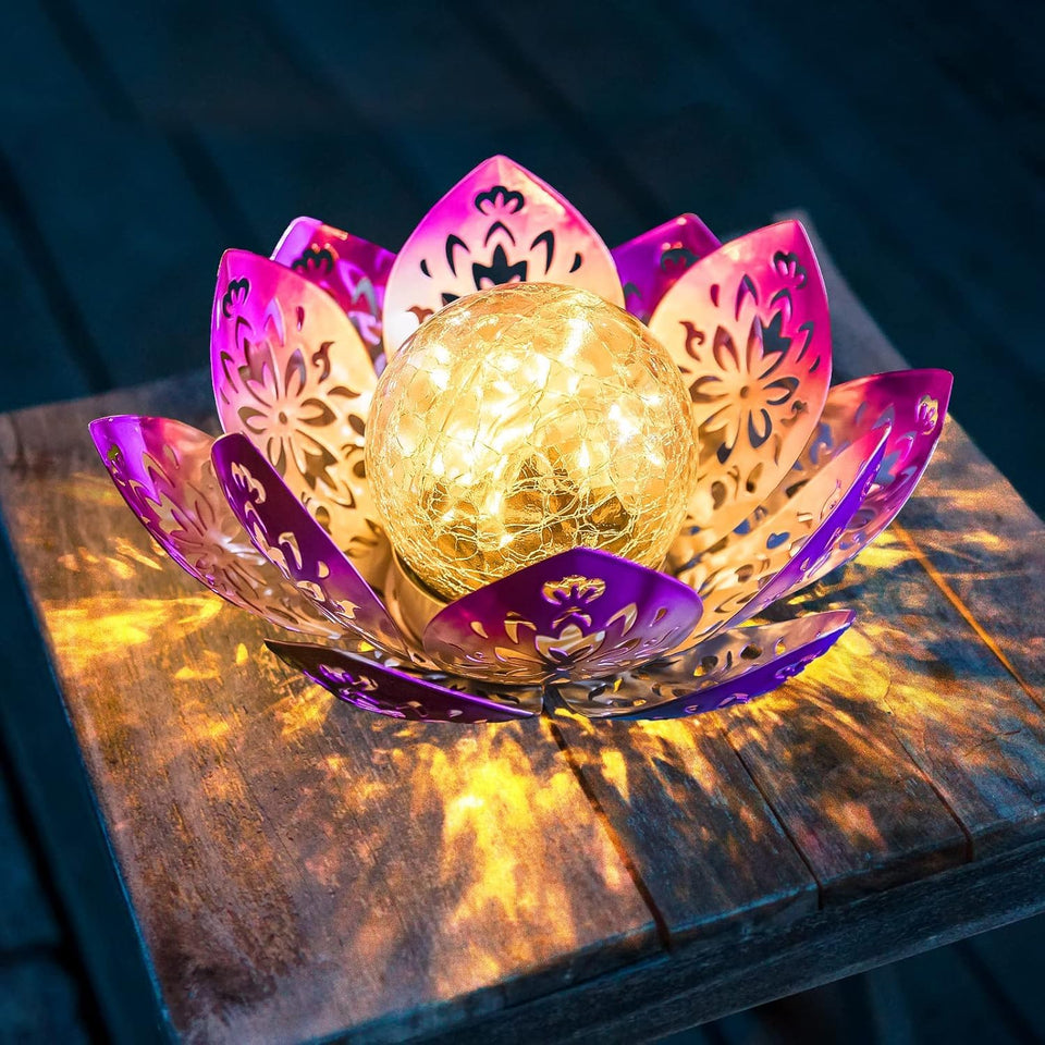 Huaxu purple lotus globe solar light in a garden setting for ambient outdoor decor