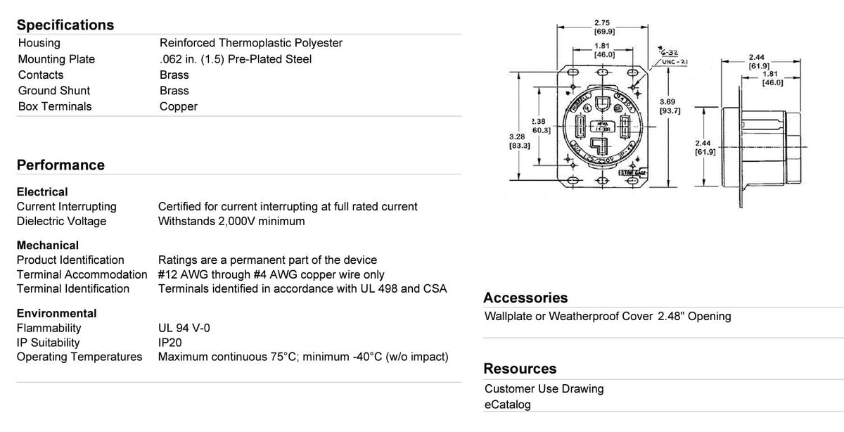 Hubbell HBL9450A 3-pole 4-wire grounding configuration for safe power transfer.