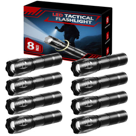Huccbs 8-pack flashlight with zoomable head for focused beams and broad coverage.