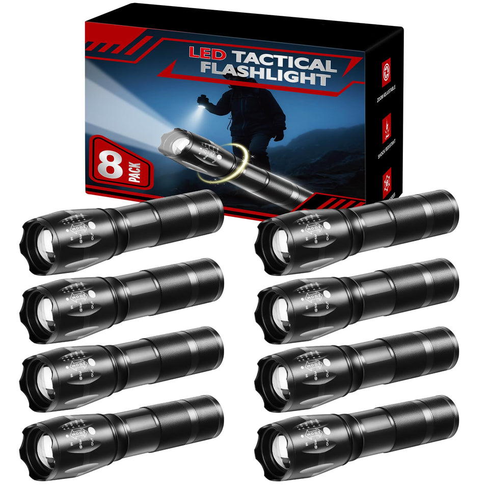 Huccbs 8-pack flashlight with zoomable head for focused beams and broad coverage.