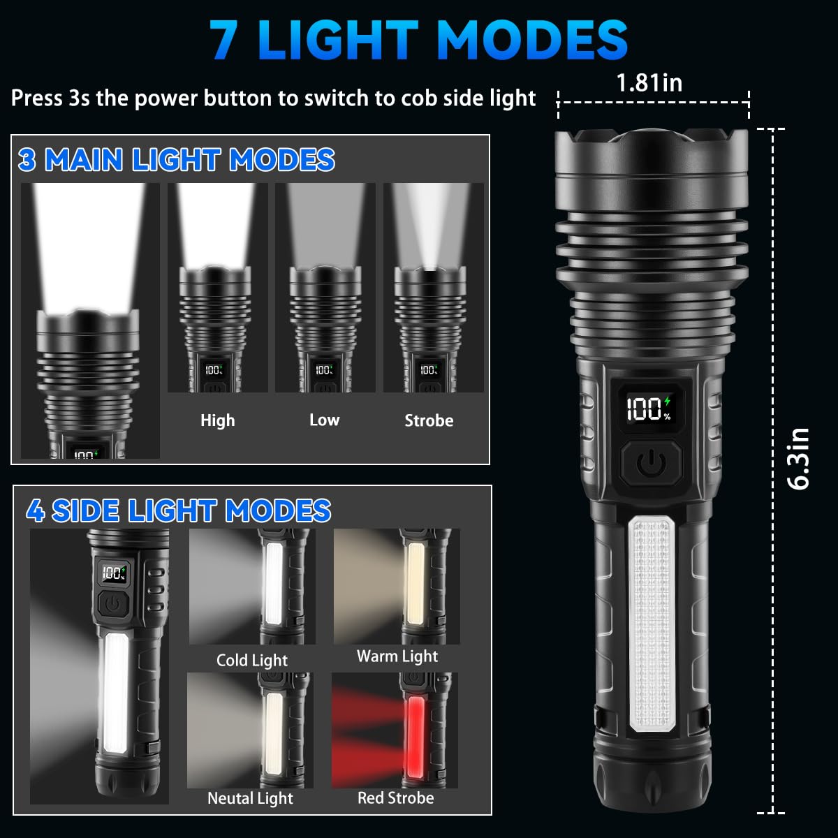 Huccbs 7 mode flashlight adapts from flood to spot for versatile lighting.