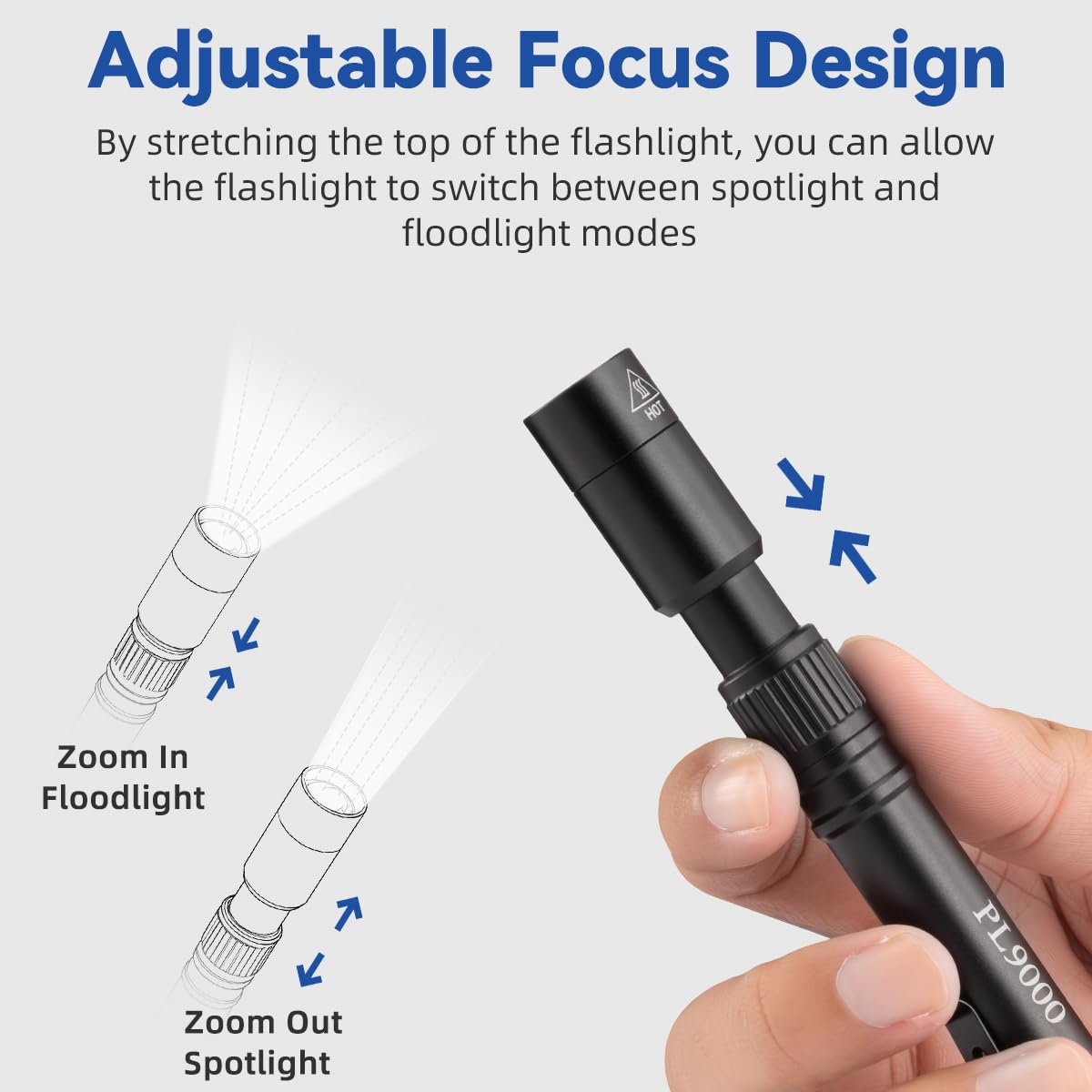 Huccbs pen flashlight clip enables quick lighting on hat or belt.